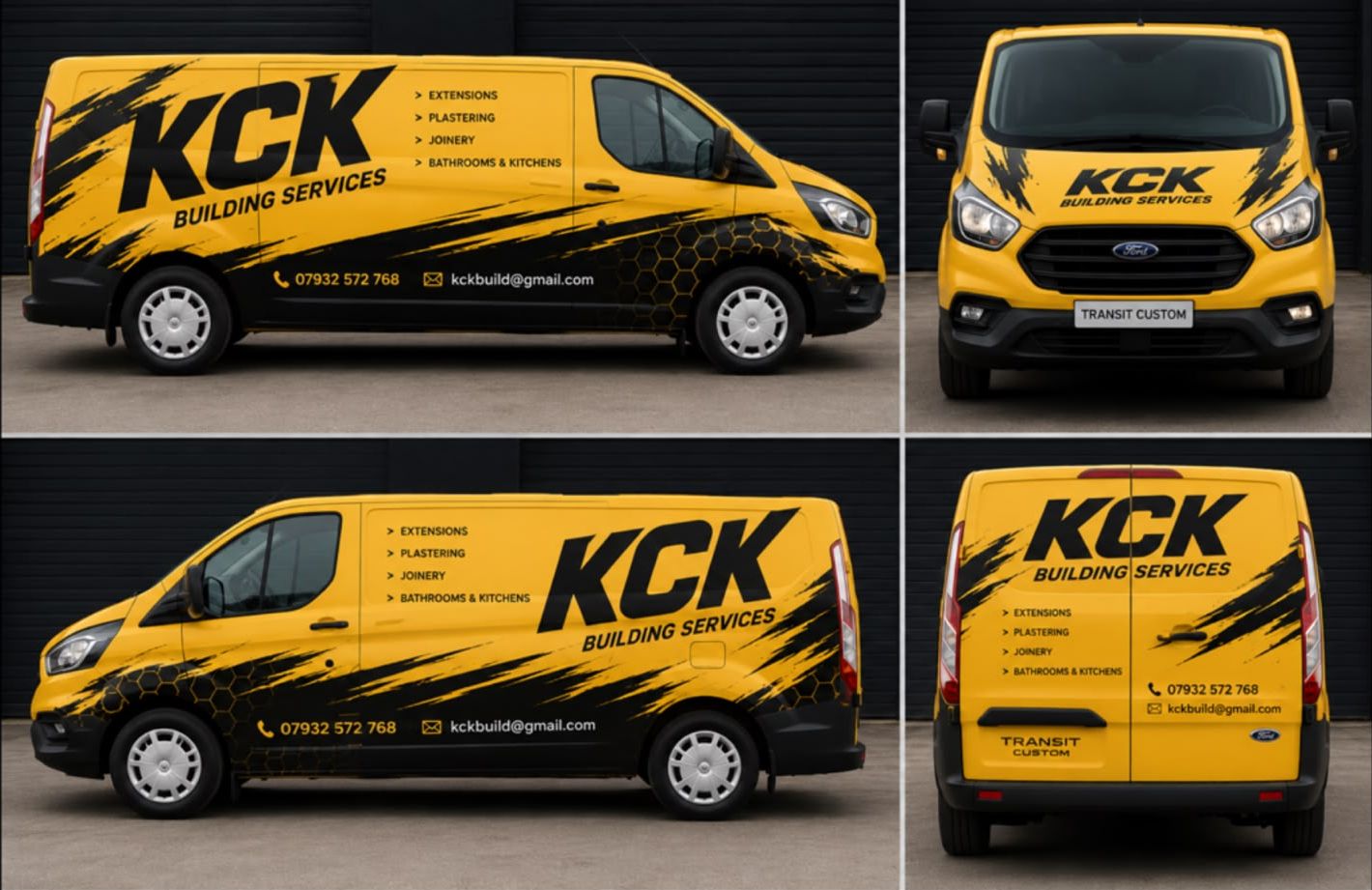 KCK Building Services sign-written yellow van